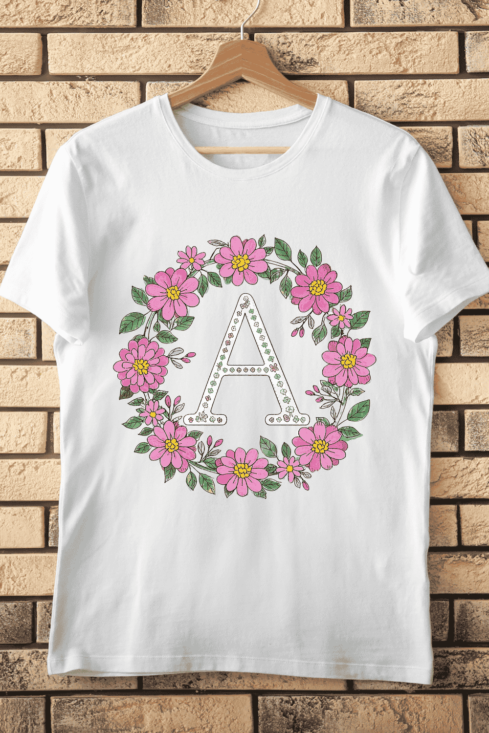 Hand-Drawn Floral Wreath Letter A T-Shirt Design pinterest preview image.