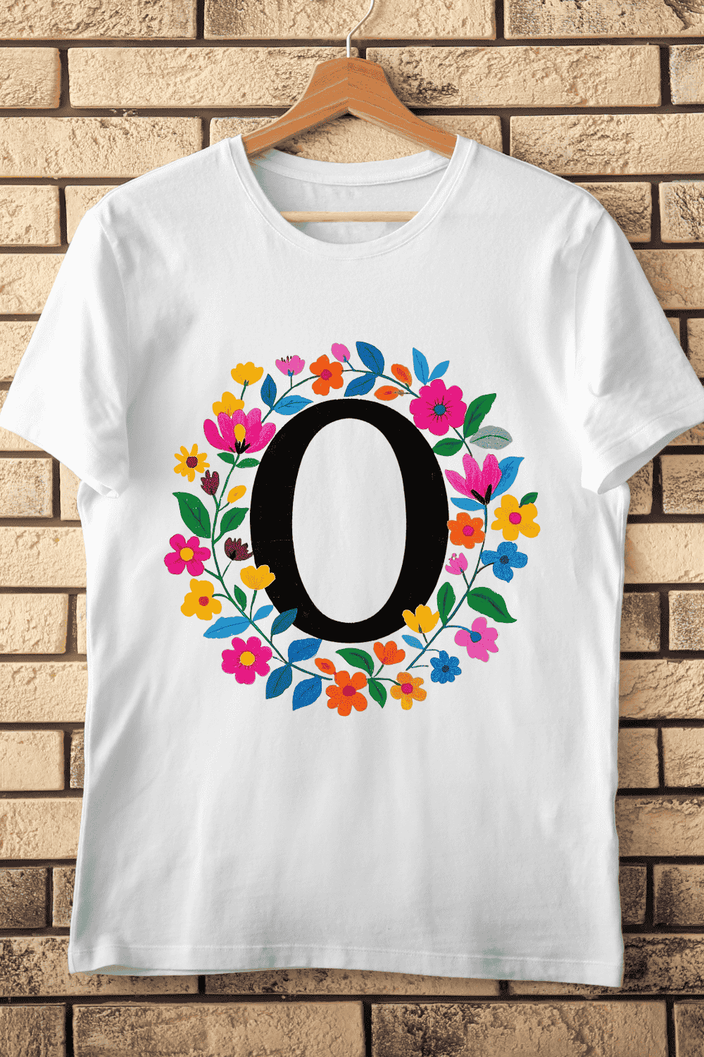 Black Letter O with Colorful Floral Wreath T-Shirt Design pinterest preview image.