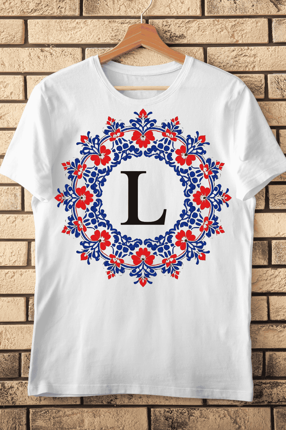 Letter L in Red and Blue Floral Wreath T-Shirt Design pinterest preview image.
