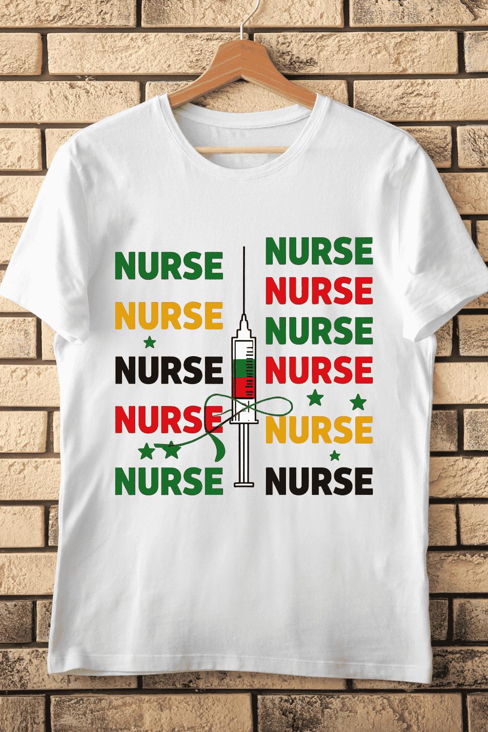 Nurse Repetition with Syringe and Ribbons T-Shirt Design pinterest preview image.