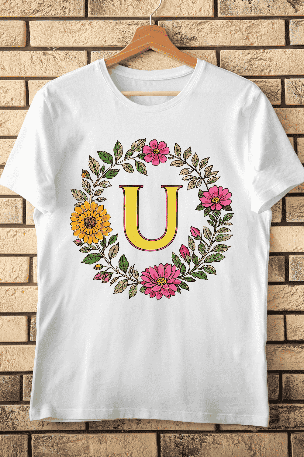 Decorative U Monogram with Bright Flowers T-Shirt Design pinterest preview image.