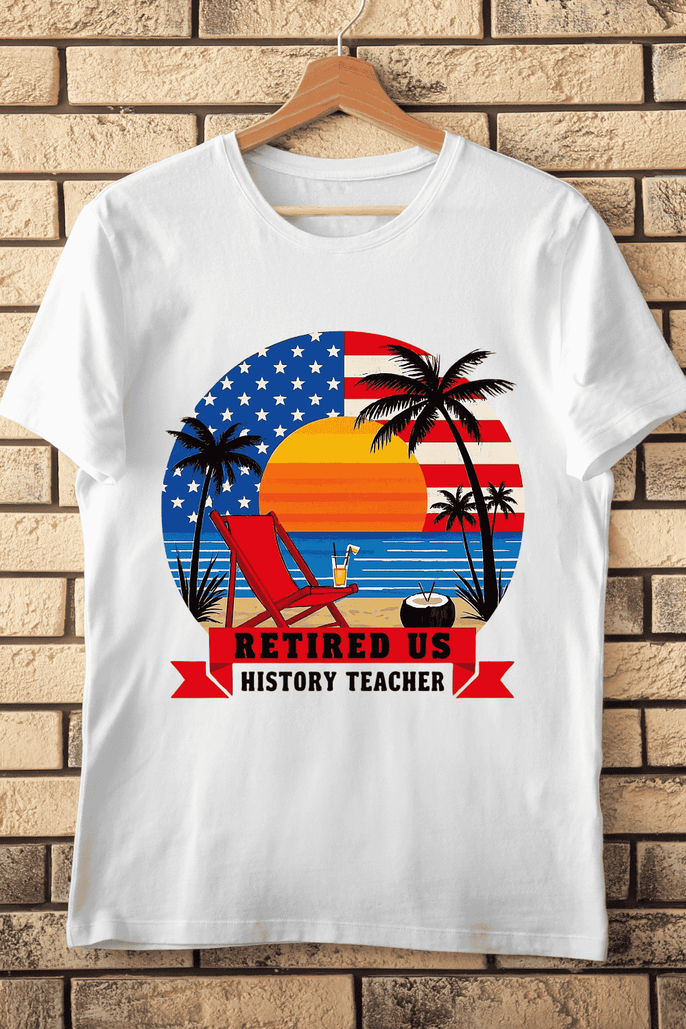 Retired US History Teacher Beach Scene T-Shirt Design pinterest preview image.