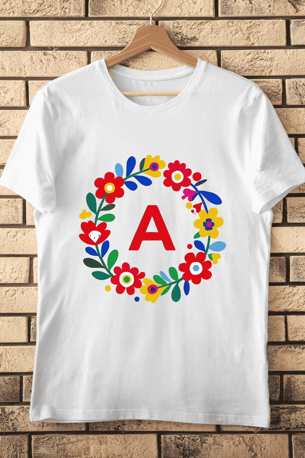 Alphabet A with Vibrant Flower Frame T-Shirt Design pinterest preview image.