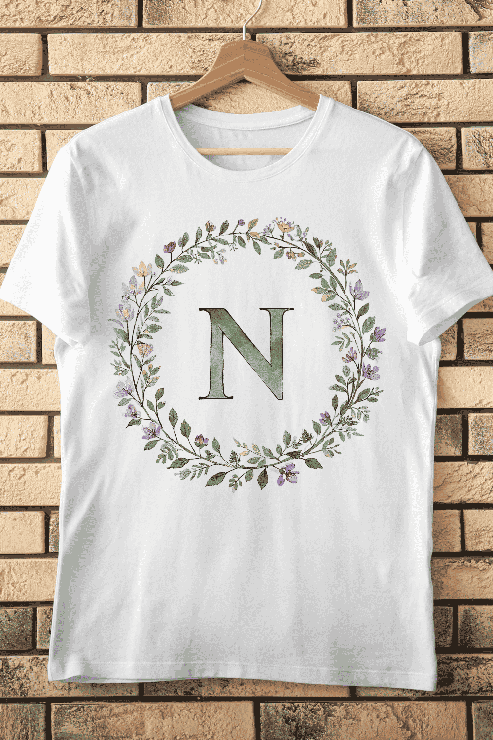 Watercolor Floral Wreath Monogram N T-Shirt Design pinterest preview image.
