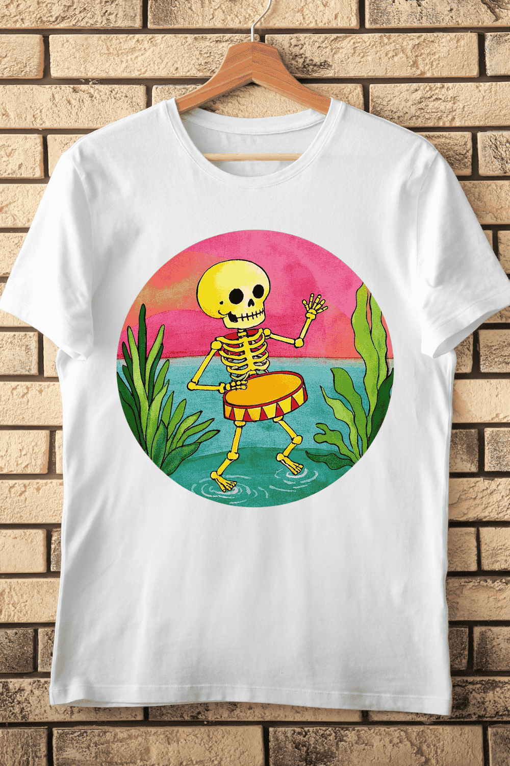 Skeleton Drum Water Plant T-Shirt Design pinterest preview image.