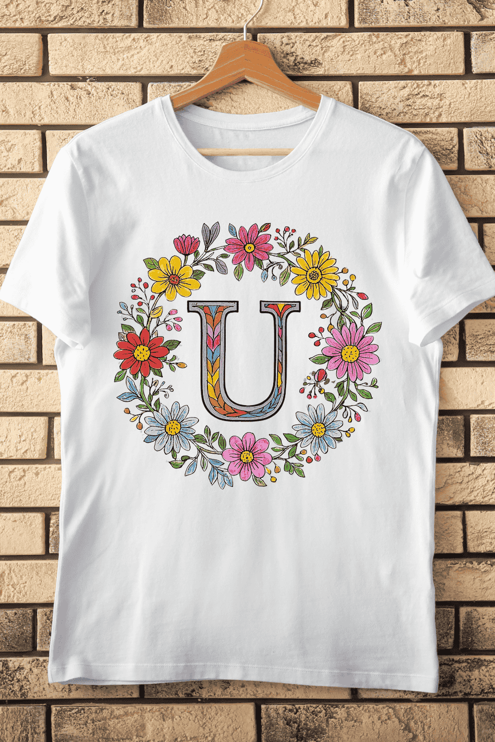Colorful Floral Alphabet Letter U Wreath T-Shirt Design pinterest preview image.