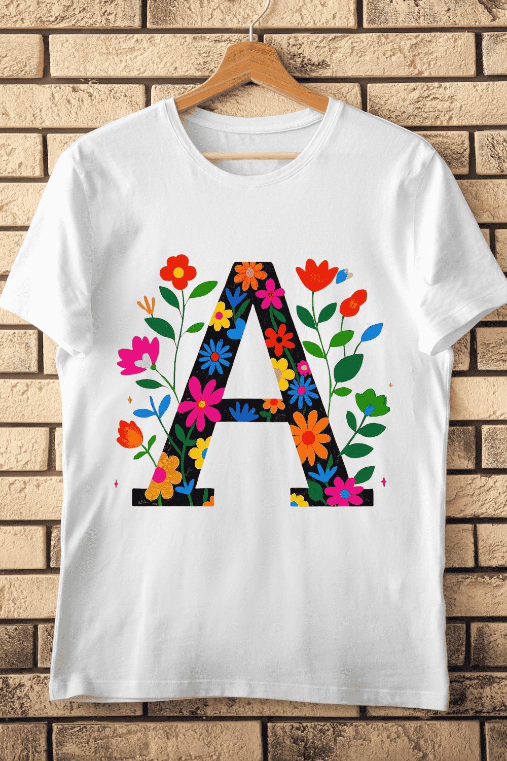 Floral Letter A Vibrant Blooms Alphabet T-Shirt Design pinterest preview image.