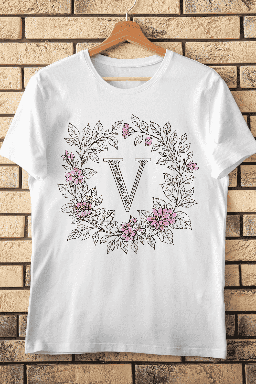 Ornate V Initial in Botanical Frame T-Shirt Design pinterest preview image.