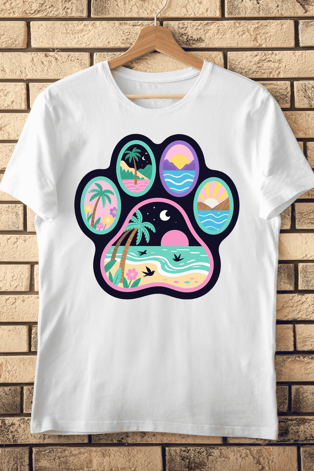 Tropical Beach Scenes in Paw Print T-Shirt Design pinterest preview image.