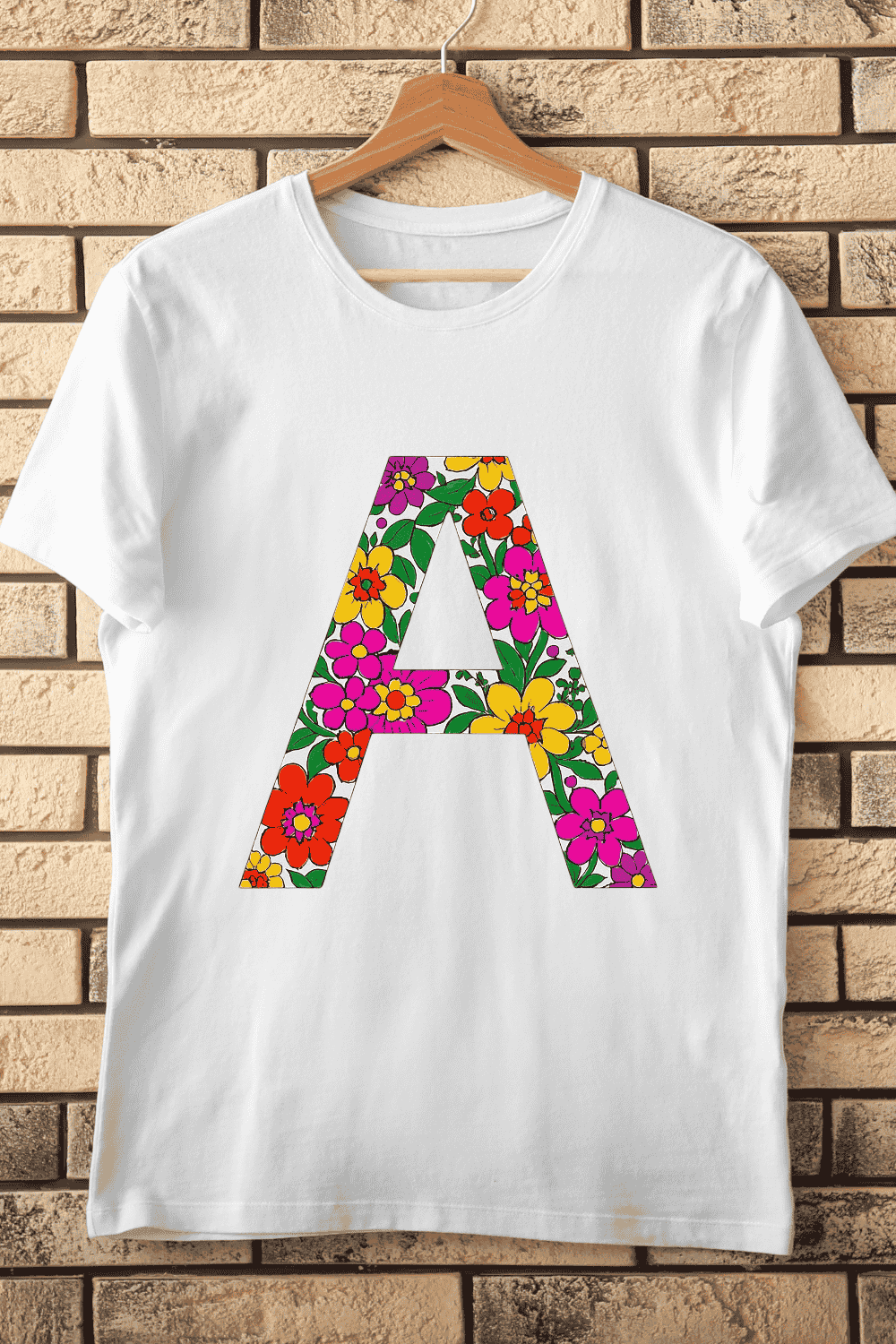 Hawaiian Style Alphabet A with Tropical Flowers T-Shirt Design pinterest preview image.