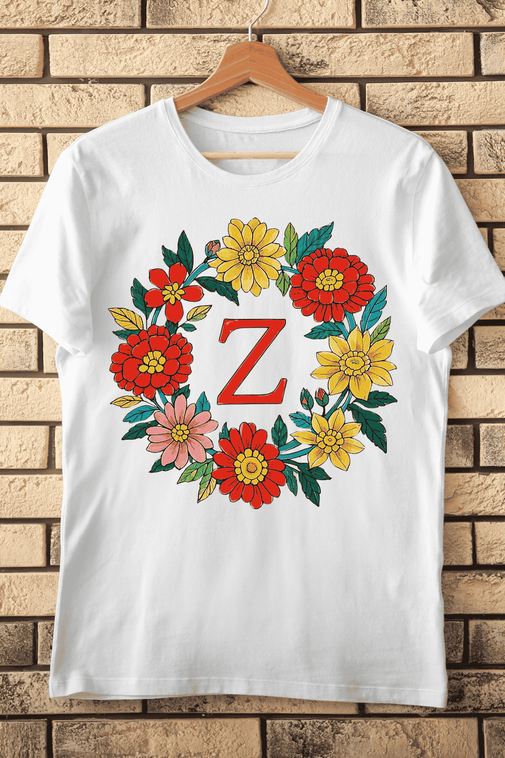 Vibrant Floral Letter Z Wreath Bold Colors T-Shirt Design pinterest preview image.