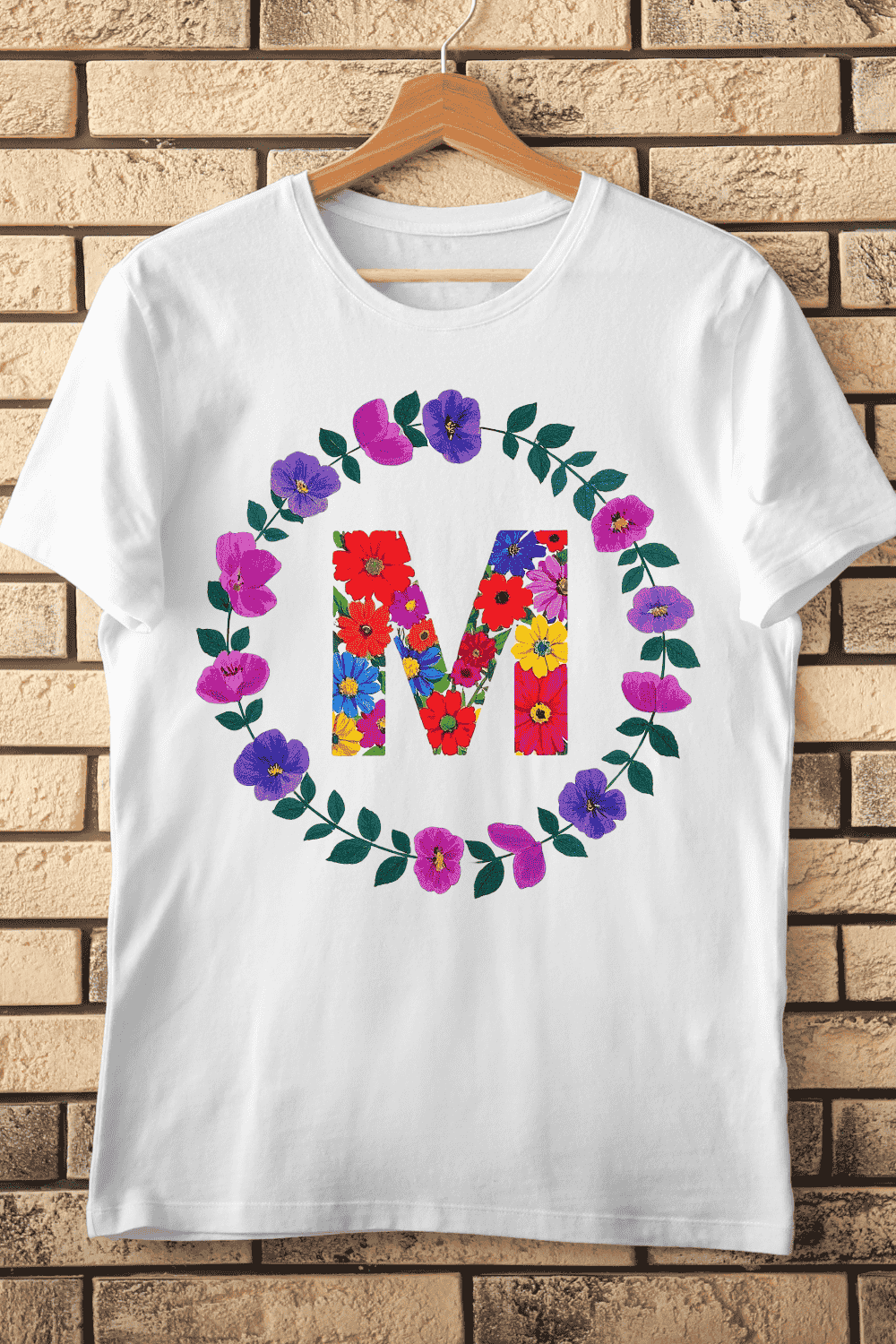 Botanical Circle Letter M T-Shirt Design pinterest preview image.