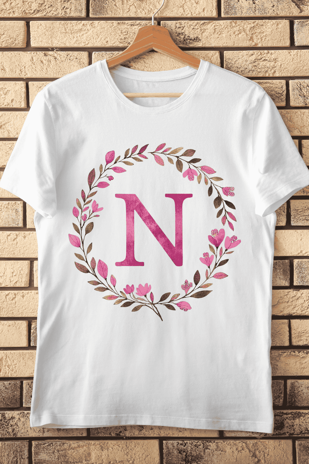 Vintage Style Flower Wreath with Letter N T-Shirt Design pinterest preview image.