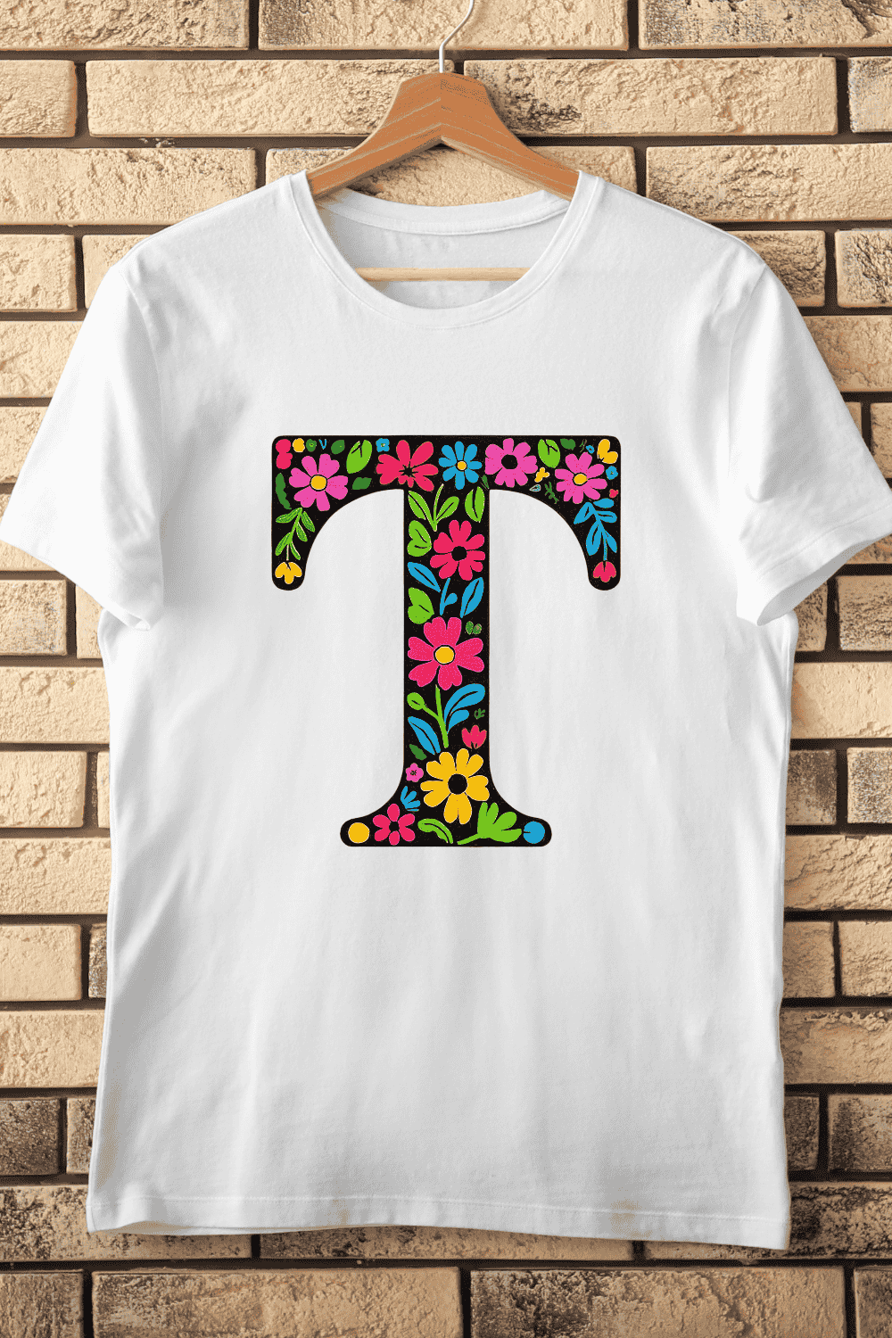 Bold Black T with Vibrant Botanical Accents T-Shirt Design pinterest preview image.