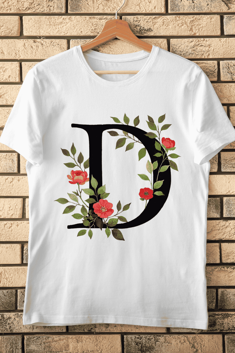 Elegant Floral Letter D Dark Botanical Monogram T-Shirt Design pinterest preview image.