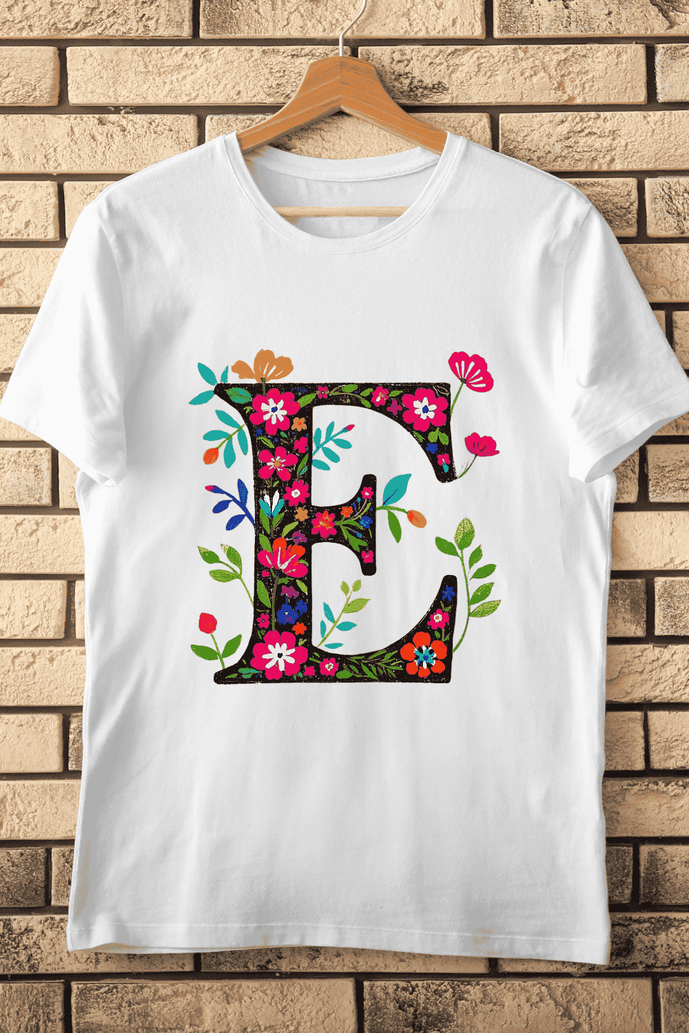 Bold Floral Letter E Vibrant Blooms Alphabet T-Shirt Design pinterest preview image.
