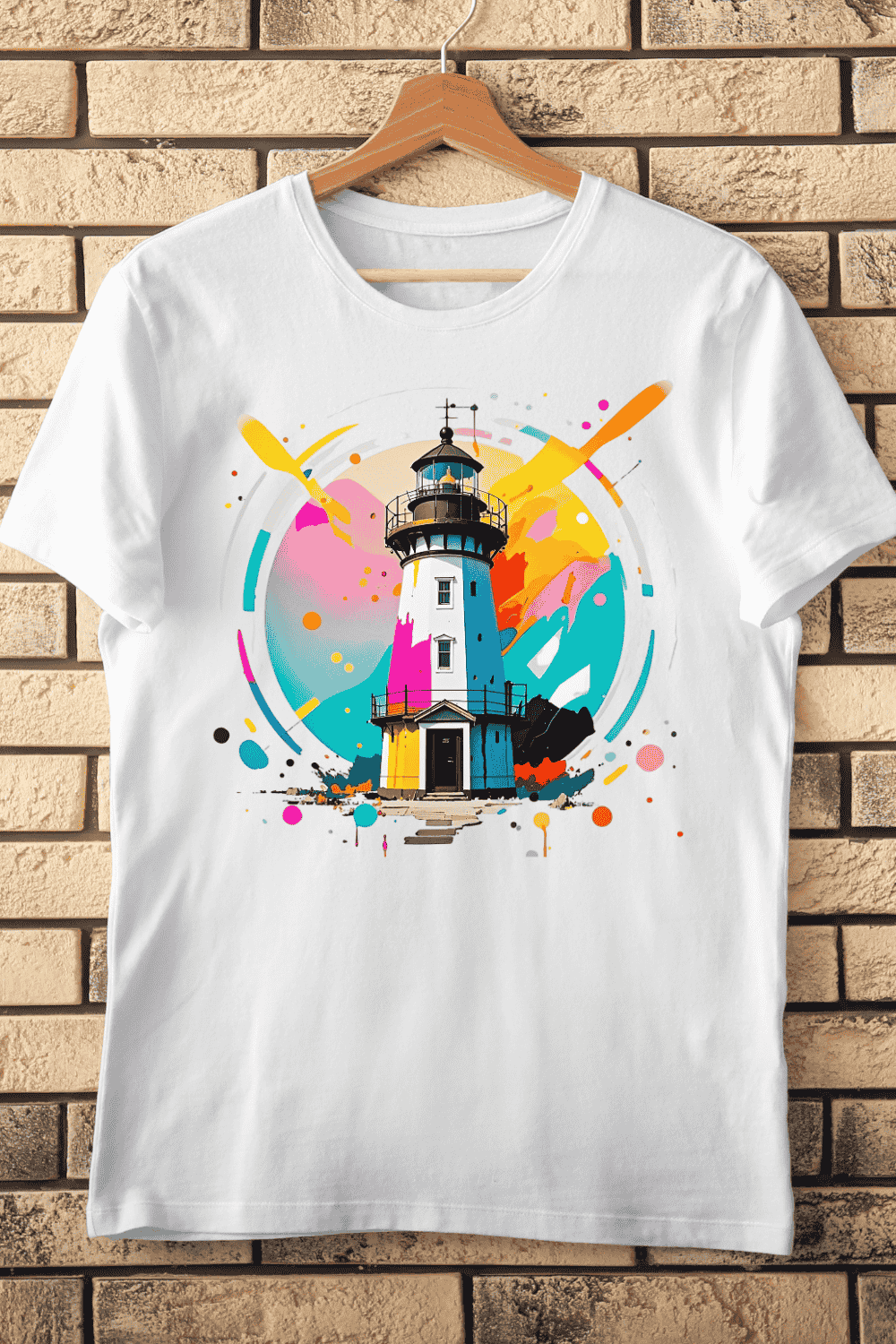 Vibrant Modern Lighthouse T-Shirt Design pinterest preview image.