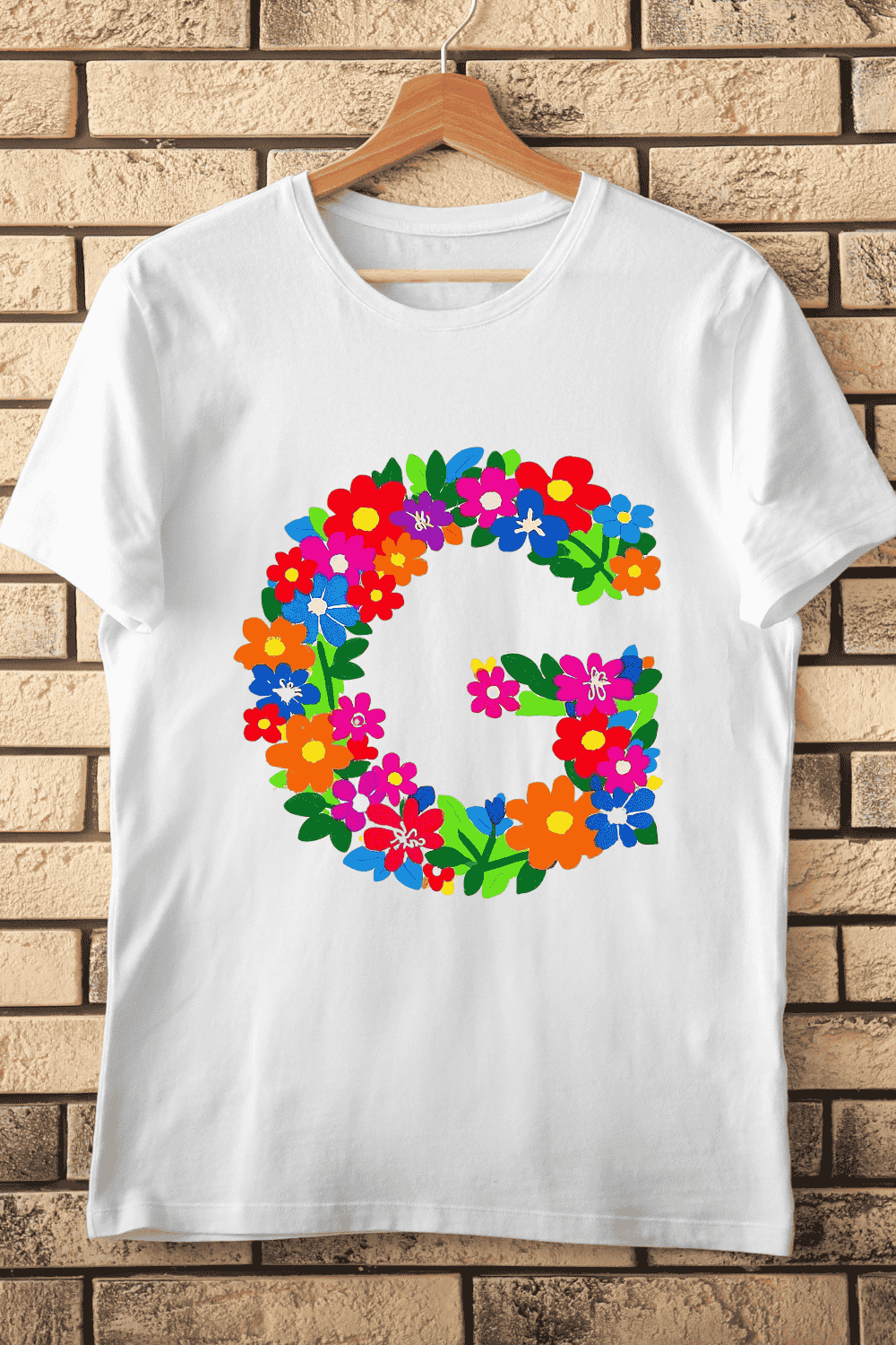 Decorated Alphabet G with Flowers T-Shirt Design pinterest preview image.