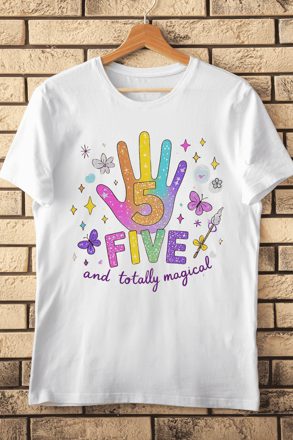 Five and Totally Magical Birthday T-Shirt Design pinterest preview image.