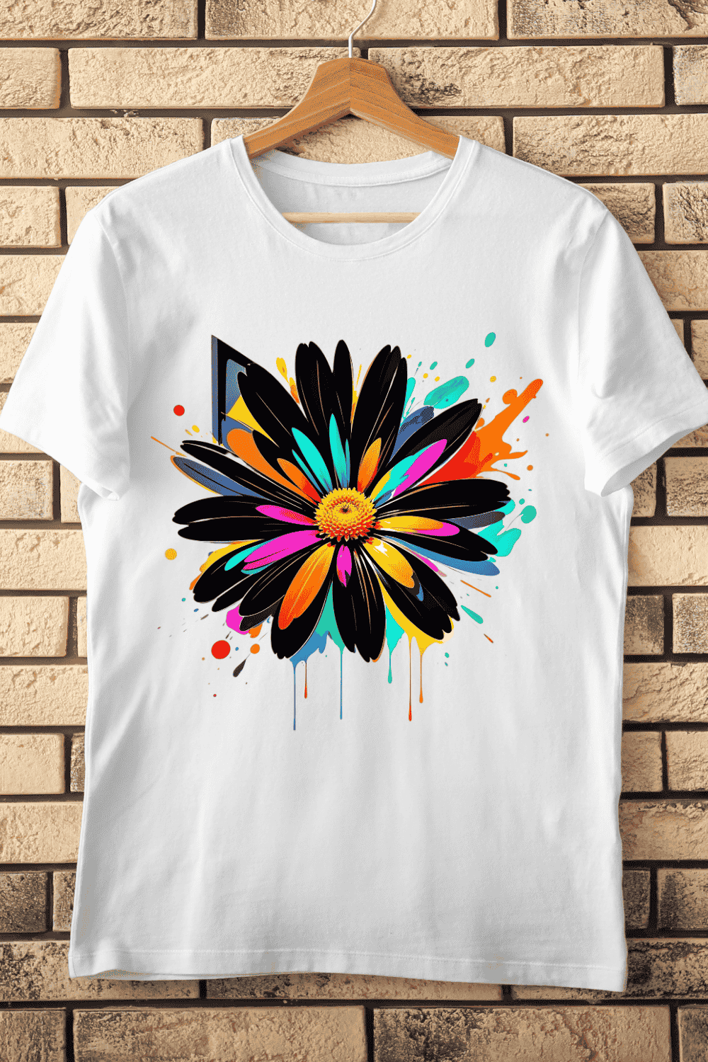 Bold Black Petal Colorful Flower T-Shirt Design pinterest preview image.