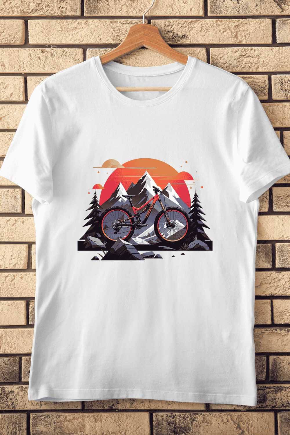 Mountain Bike in Mountain Scene T-Shirt Design pinterest preview image.