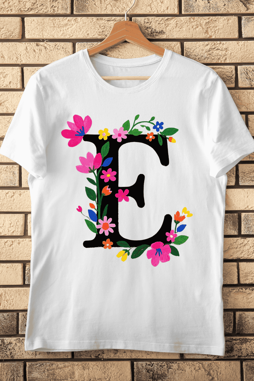 Elegant Floral Letter E Dark Botanical Monogram T-Shirt Design pinterest preview image.