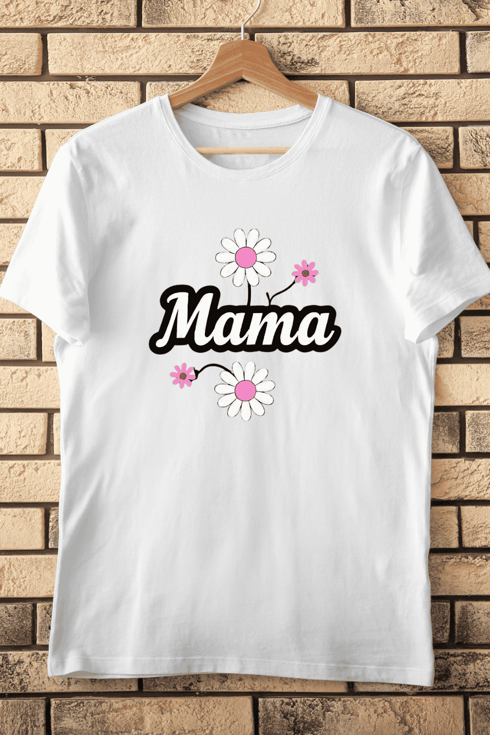 Mama Script with Pink and White Flowers T-Shirt Design pinterest preview image.