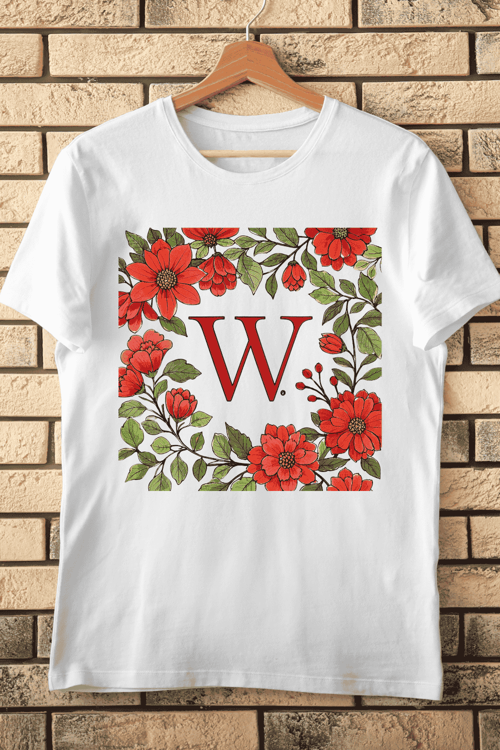 Floral Letter W with Red Flowers T-Shirt Design pinterest preview image.