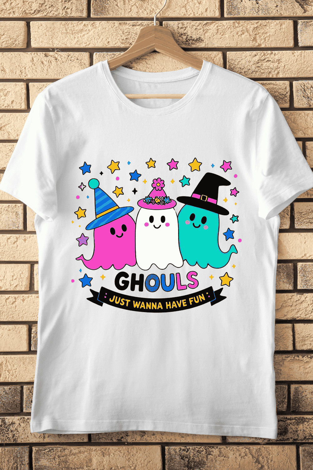 Playful Ghosts in Hats Ghouls Just Wanna Have Fun T-Shirt Design pinterest preview image.