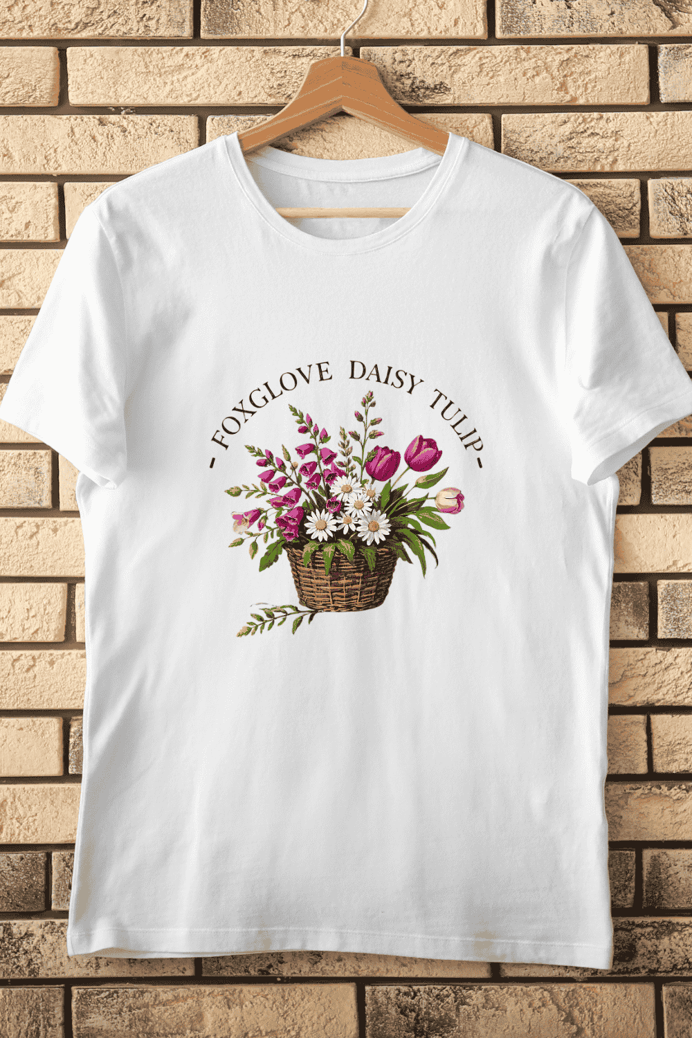 Foxglove Daisy Tulip Flower Basket T-Shirt Design pinterest preview image.
