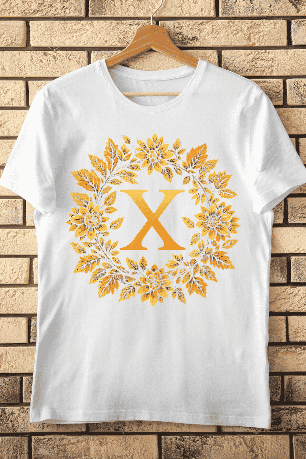 Golden Floral Letter X Wreath T-Shirt Design pinterest preview image.