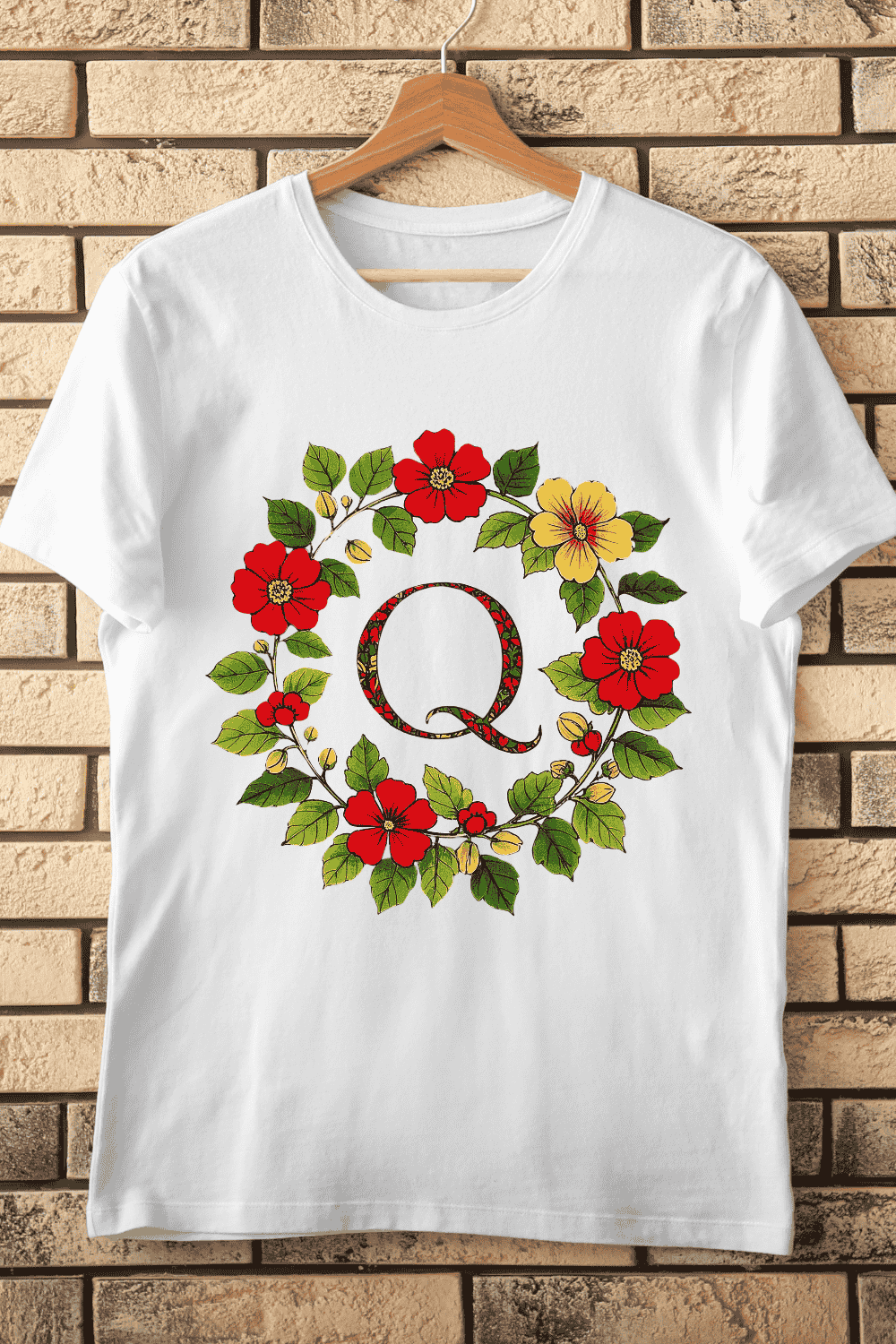 Floral Alphabet Letter Q Wreath T-Shirt Design pinterest preview image.