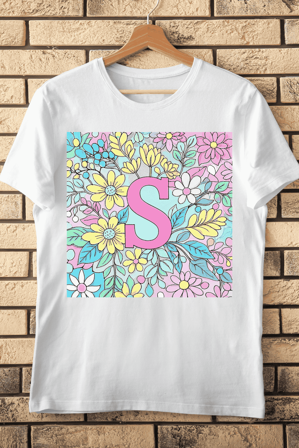 Colorful Floral Alphabet Letter S T-Shirt Design pinterest preview image.