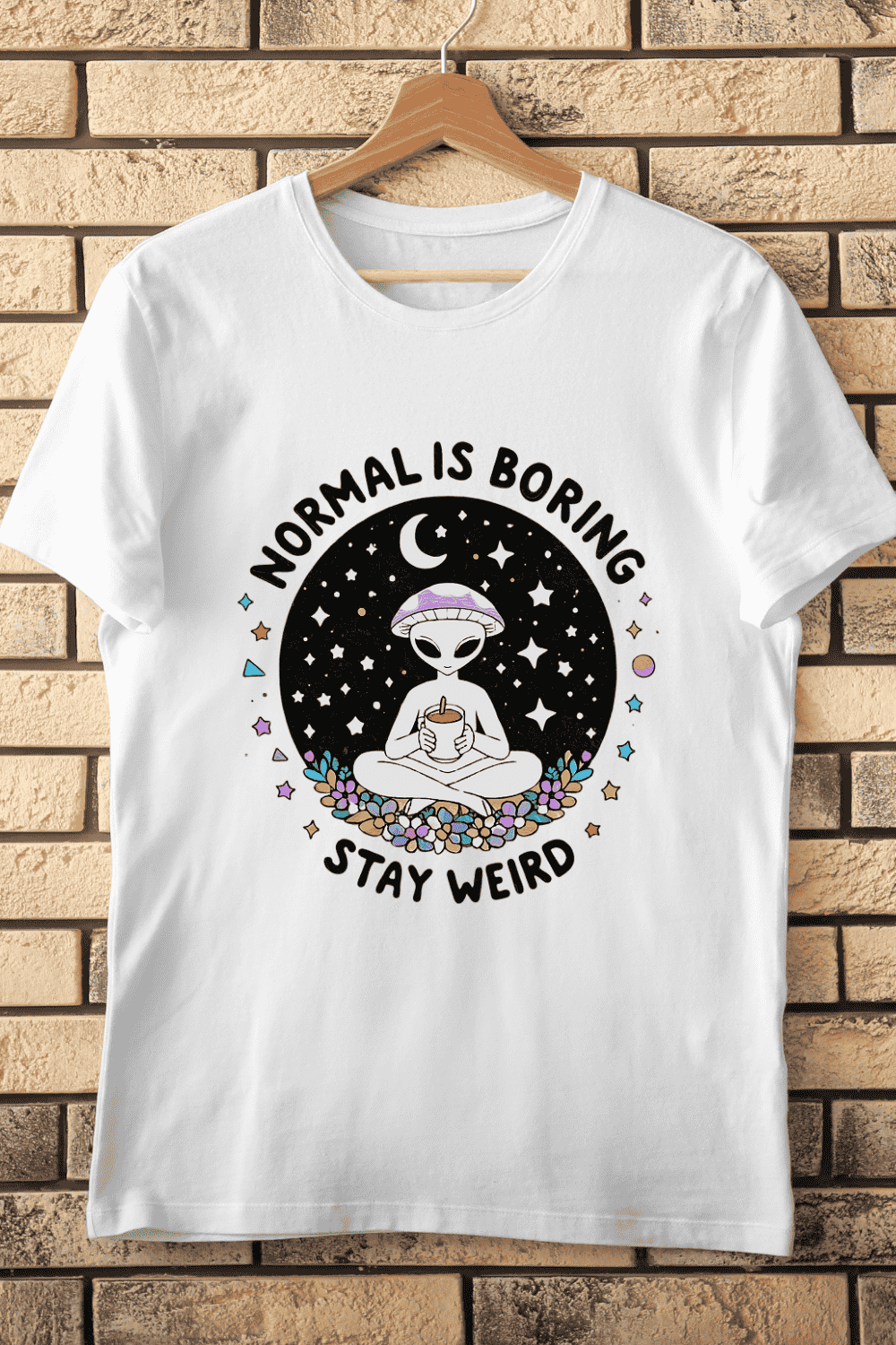 Psychedelic Alien Mushroom Flower T-Shirt Design pinterest preview image.