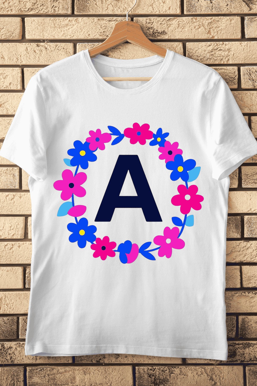 Letter A in Floral Wreath Pink and Blue Flowers T-Shirt Design pinterest preview image.