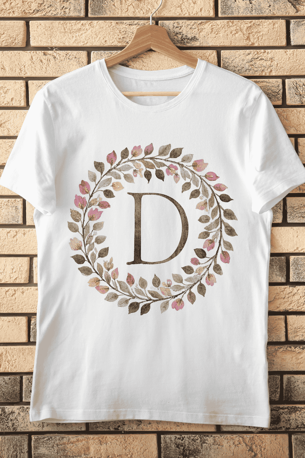 Decorative Letter D Blooming Floral Circle T-Shirt Design pinterest preview image.