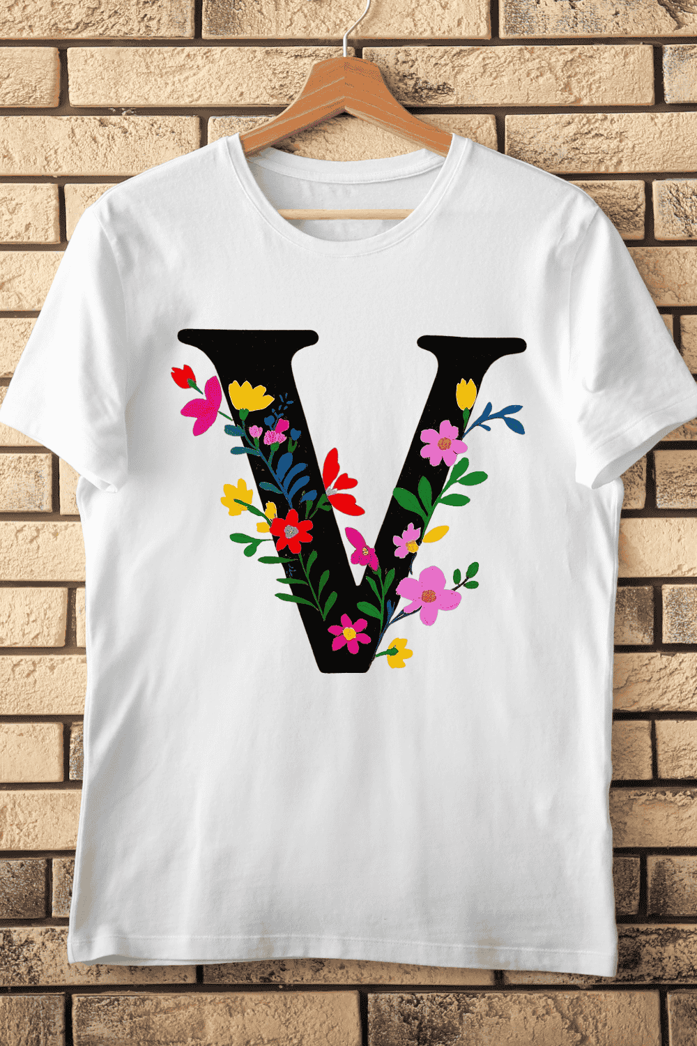 Floral Letter V Alphabet with Flowers T-Shirt Design pinterest preview image.