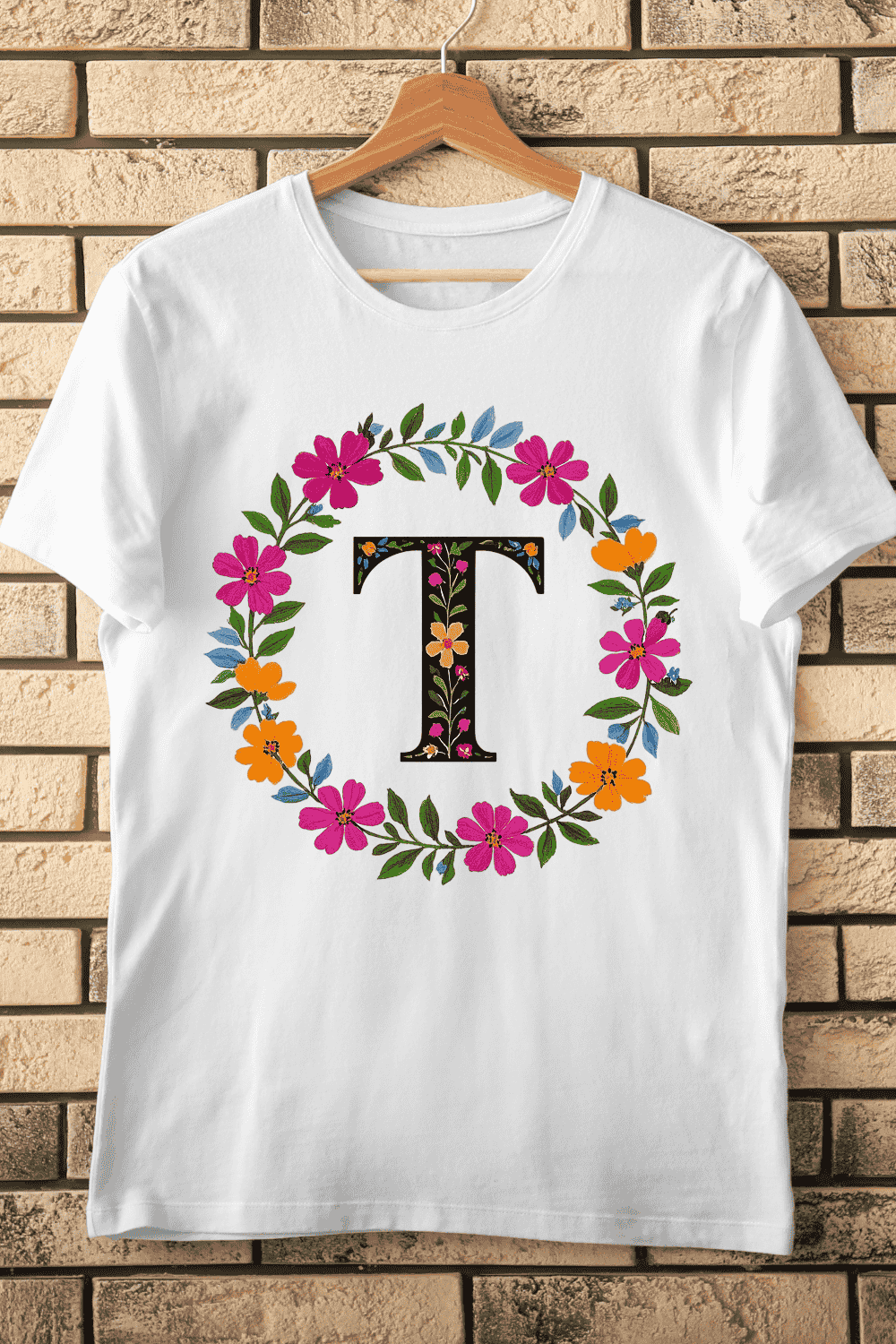 Floral Alphabet Letter T Wreath T-Shirt Design pinterest preview image.