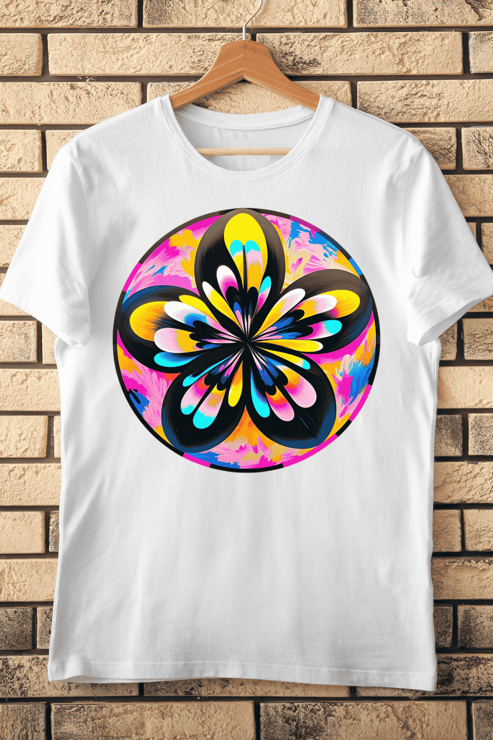 Colorful Psychedelic Floral Mandala T-Shirt Design pinterest preview image.