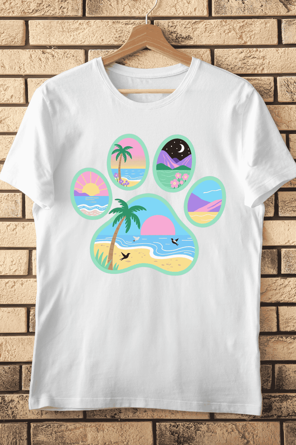 Colorful Paw Print Collage of Tropical Beaches T-Shirt Design pinterest preview image.