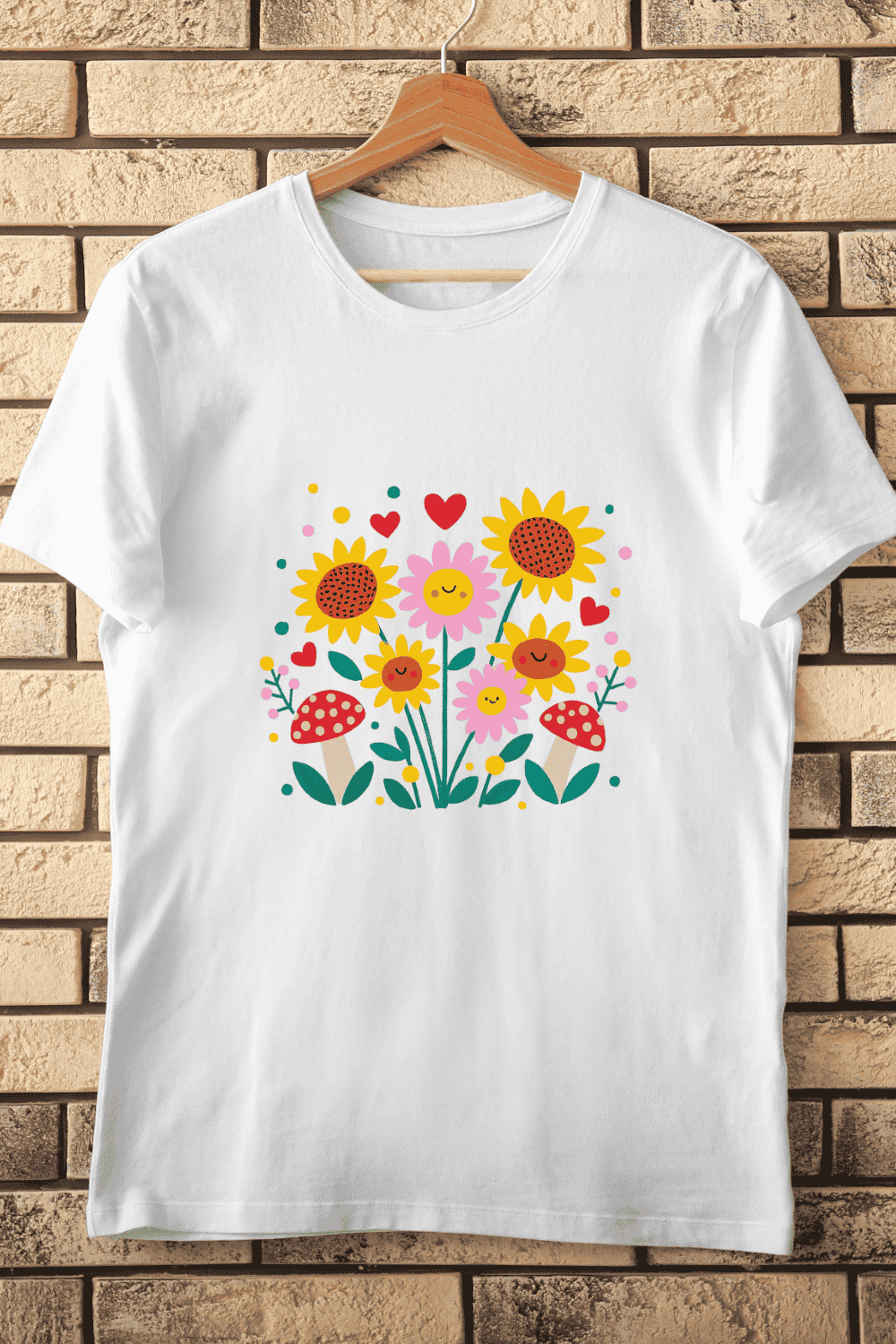 Happy Flower Mushroom Garden T-Shirt Design pinterest preview image.