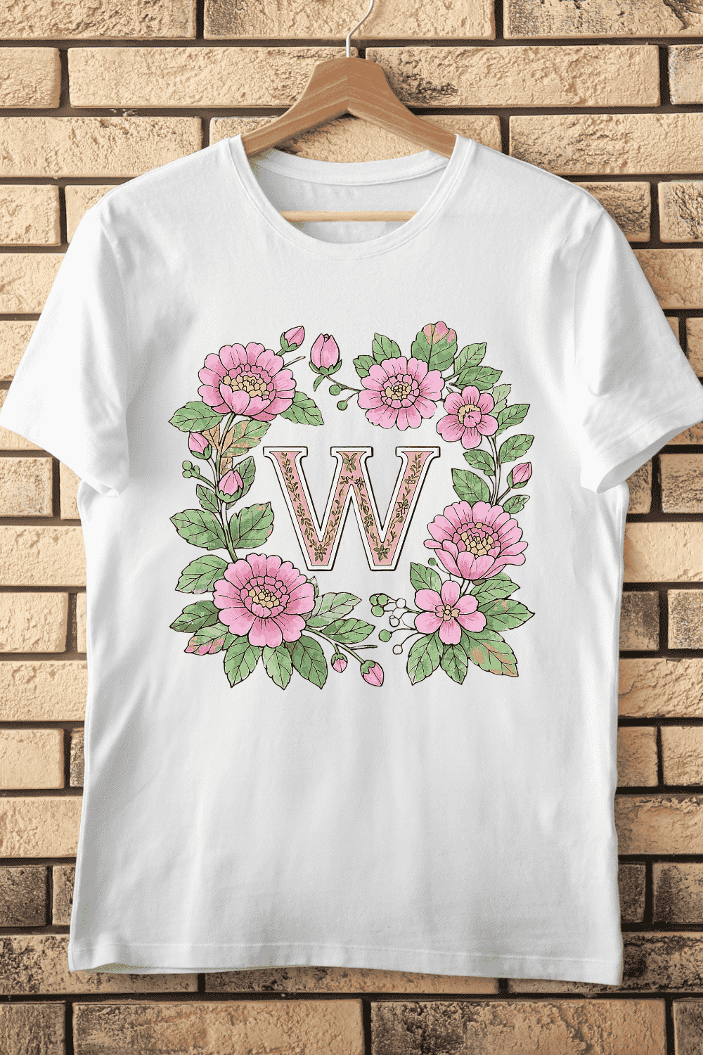 Elegant W Initial in Warm Floral Frame T-Shirt Design pinterest preview image.