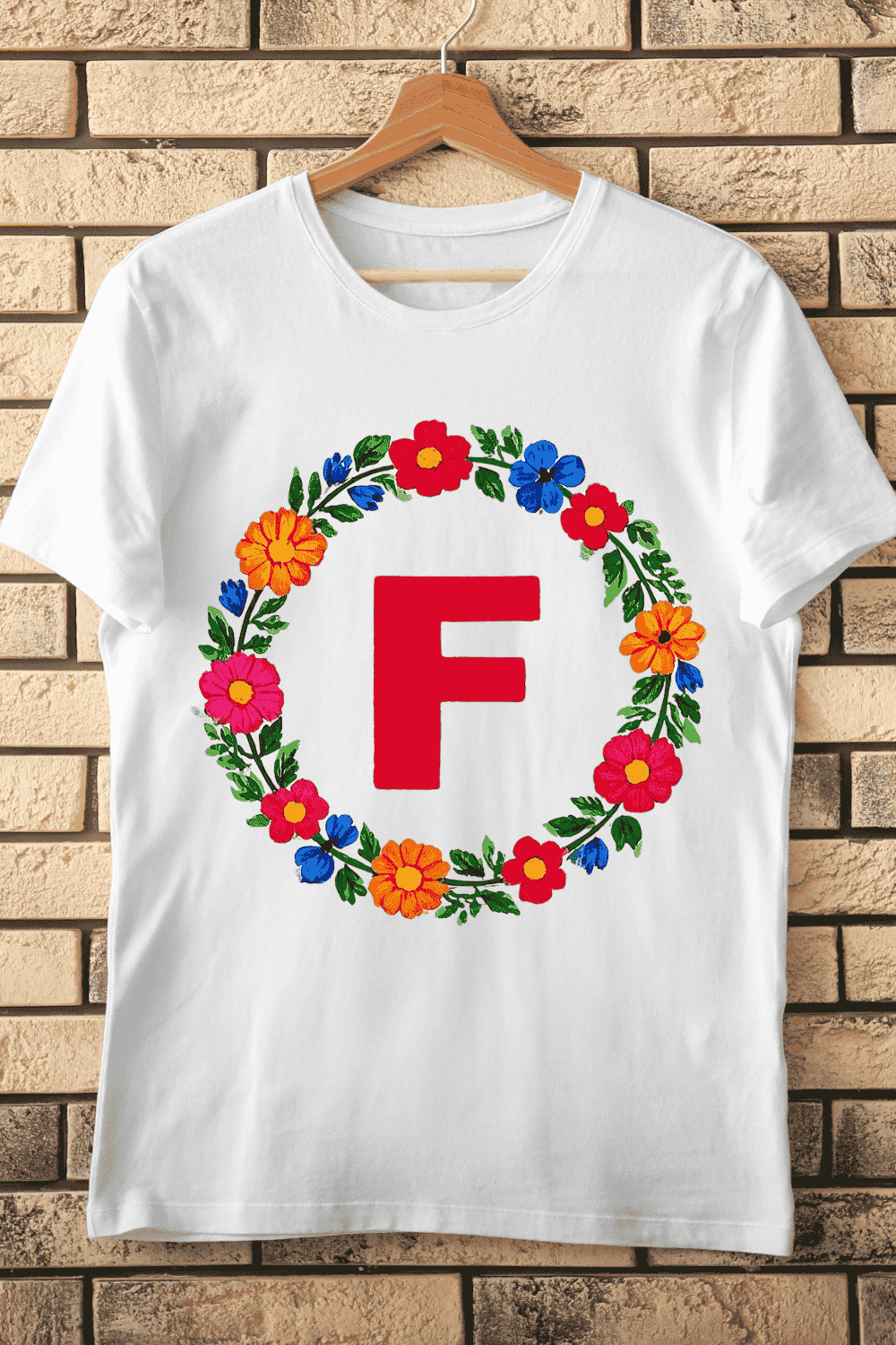 Bold Floral Letter F Colorful Flower Wreath T-Shirt Design pinterest preview image.