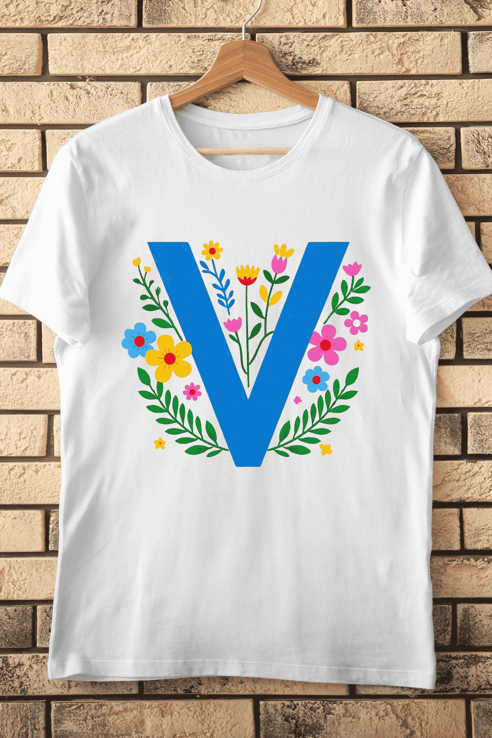 Initial V with Vibrant Flowers T-Shirt Design pinterest preview image.