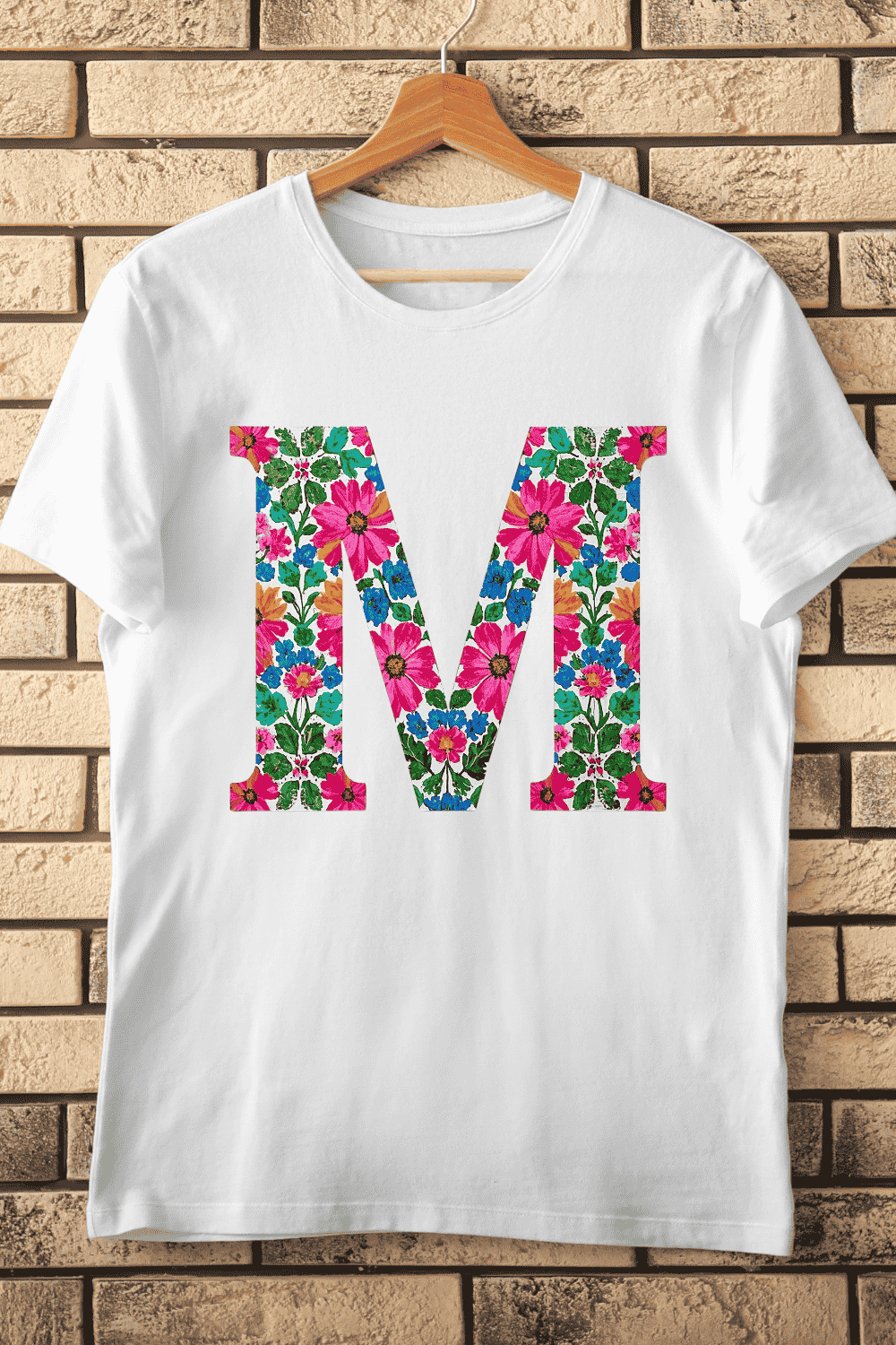 Bright Flower Filled Initial M T-Shirt Design pinterest preview image.