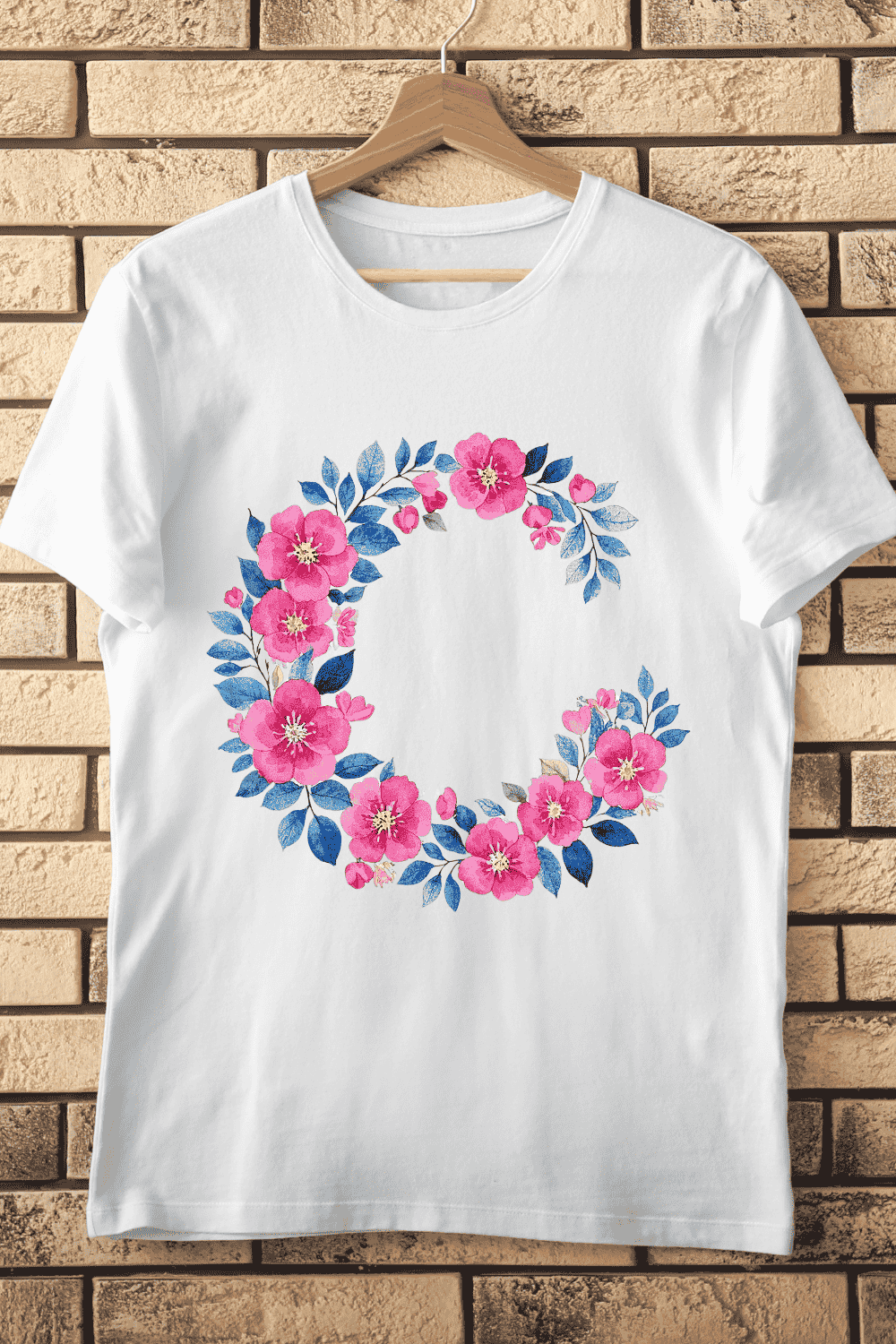 Floral C Vibrant Pink Flowers & Blue Leaves T-Shirt Design pinterest preview image.