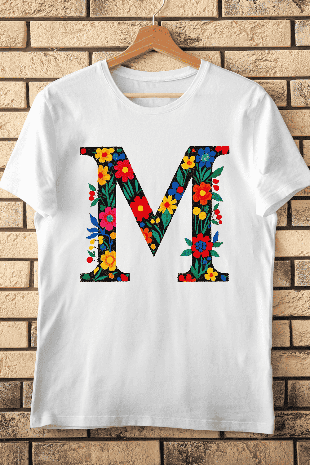 Vibrant Flower Filled Letter M T-Shirt Design pinterest preview image.