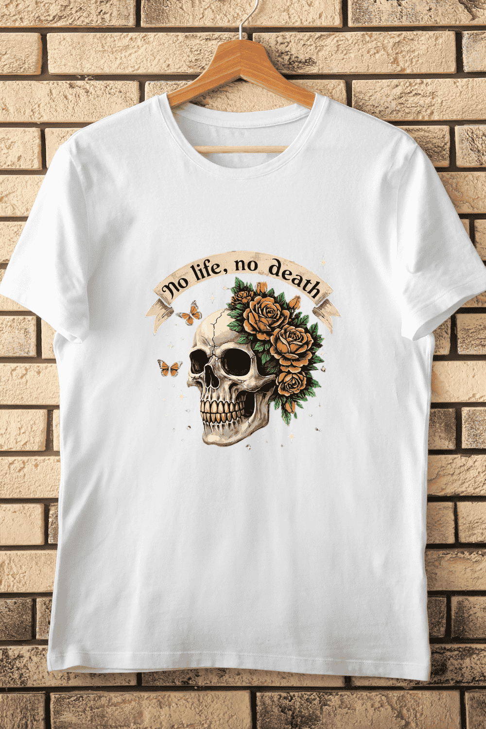 Skull Roses Butterflies No Life No Death T-Shirt Design pinterest preview image.
