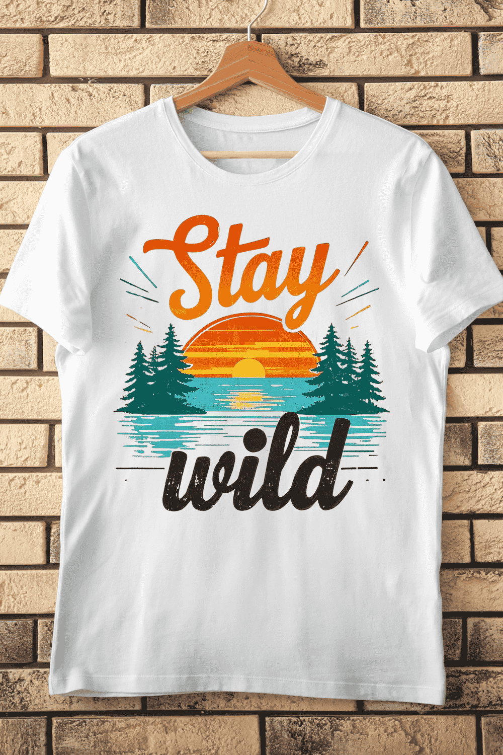 Vintage Sunset Over Lake and Trees T-Shirt Design pinterest preview image.