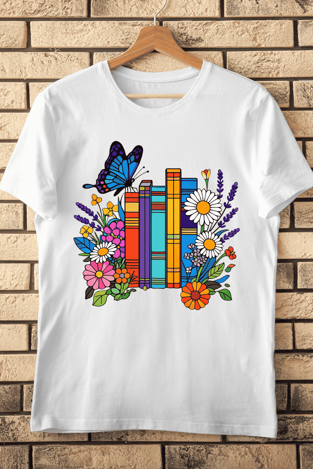 Books and Flowers with Butterfly T-Shirt Design pinterest preview image.